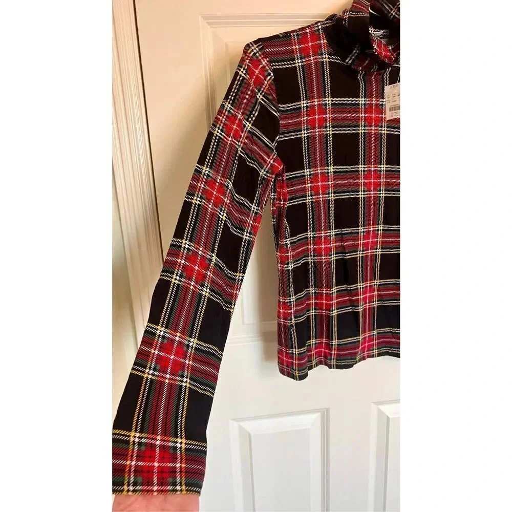J. Crew Womens Black Red‎ Tartan Plaid Turtle Neck Long Sleeve Top Small NWT